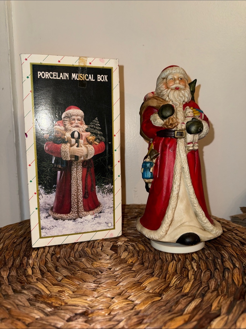 Vintage Old World Santa Claus Porcelain Musical Box Wind Up Figurine